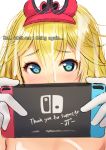 1girl blonde_hair blue_eyes blush console cum cum_in_hair cum_on_face cum_on_upper_body english_text facial gloves high_res high_resolution looking_at_viewer mario_(series) nintendo nintendo_switch princess_peach rak_(kuraga) red_eyes simple_background sketch super_mario_bros. super_mario_odyssey text