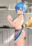  ass blue_eyes blue_hair hadaka_apron hair_over_one_eye indoors kitchen looking_at_viewer naked_apron no_bra no_panties re:zero_kara_hajimeru_isekai_seikatsu rem_(re:zero) sansan_(dongfangzhong111) short_hair sideboob standing 