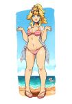 1girl 2018 ambiguous_gender beach bikini blonde blonde_hair blue_eyes earrings female female_human human looking_at_viewer mostly_nude outdoor outside princess_peach sandals side-tie_bikini standing striped_bikini sunglasses sunglasses_on_head super_mario_bros. thigh_gap toad_(mario)