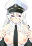 1girl 1girl 1girl azur_lane bangs between_breasts big_breasts blazer blue_eyes blush breasts enterprise_(azur_lane) flashing hat kabun_(suzuna_jct) long_hair looking_at_viewer medium_breasts neck_tie necktie_between_breasts nipples peaked_cap purple_eyes silver_hair sleeveless smile very_long_hair white_hair