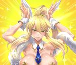 1girl ahoge animal_ears armpits artoria_pendragon artoria_pendragon_(swimsuit_ruler)_(fate) bangs bare_shoulders big_breasts blonde_hair blue_neckwear blush breasts bunny_ears bunny_pose bunnysuit clavicle cleavage closed_mouth detached_collar expressionless fan_(f.w.zholic) fate/grand_order fate_(series) feather_boa green_eyes hair_between_eyes hands_up high_resolution leotard long_hair looking_at_viewer neck_tie parody ponytail sparkle tied_hair white_leotard wrist_cuffs yellow_background