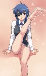  1girl barefoot blue_eyes blue_hair bottomless eyepatch feet kimi_ga_aruji_de_shitsuji_ga_ore_de leg_lift leg_up long_legs maruto maruto! natose no_panties pussy short_hair soles solo they_are_my_noble_masters toe-point toe-scrunch toe_scrunch toes uncensored 