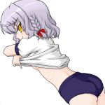 1girl bell_zephyr bloomers braid breasts buruma flat_chest grey_hair gym_uniform lowres night_wizard oekaki pale_skin simple_background skinny solo underboob underwear undressing white_background yellow_eyes