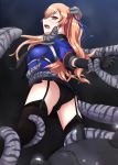 1girl ass black_panties black_stockings clothed enemy_naval_mine_(kantai_collection) female garter_straps imminent_sex imminent_tentacle_rape johnston_(kantai_collection) kantai_collection long_hair looking_at_viewer panties restrained skirt stockings tentacle upskirt