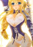 1girl agrias_oaks armor bad_id blonde_hair blue_eyes blush braid curvy final_fantasy final_fantasy_tactics knight lingerie long_hair nipples panties side-tie_panties single_braid skindentation solo sword thighhighs toka tooka translated underwear weapon white_panties