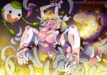 1girl barefoot billvicious blonde blonde_hair blue_eyes blush breasts crown earrings female female_human gloves groping huge_breasts human long_blonde_hair long_gloves long_hair molestation no_bra one_eye_closed panties partially_clothed princess_peach restrained spread_legs stockings super_mario_bros. suspended_in_midair tentacle tickling torn_clothes