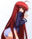  against_wall ahoge akari_himuro ass blue_panties highres himuro_akari long_hair night_wizard panties red_eyes red_hair school_uniform serafuku sugimura_tomokazu underwear very_long_hair 