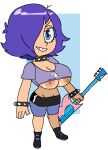  1girl 1girl 1girl big_breasts blue_hair breasts breasts_out casual dream-cassette electric_guitar female_only footwear guitar hair_over_one_eye hi_hi_puffy_amiyumi hoshime huge_breasts human instrument looking_at_viewer musical_instrument nipples pale_skin punk shirt_up smile spiked_bracelet spiked_collar white_background wristwear yumi_yoshimura 