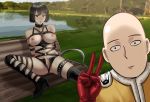 1boy 1girl 1girl big_breasts blush breasts fubuki_(one-punch_man) green_eyes green_hair high_resolution lips looking_away lying male navel nipples nude on_back one-punch_man penis pussy saitama_(one-punch_man) sex short_hair uncensored v wumu