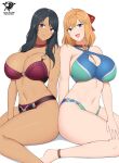  1girl 2_girls absurd_res alluring alternate_costume bare_shoulders big_breasts bikini black_hair blonde_hair blue_bikini blue_swimsuit choker cleavage curvy dark-skinned_female female_only fiora fiora_(xenoblade) green_eyes high_res kaos_art light-skinned_female long_hair looking_at_viewer midriff monolith_soft navel nintendo official_alternate_costume pink_bikini pink_swimsuit red_eyes sharla sharla_(xenoblade) sitting slim_waist swimsuit thick_thighs thighs voluptuous wide_hips xenoblade_(series) xenoblade_chronicles 