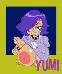 1girl 1girl big_breasts blue_eyes breasts bust_portrait casual cndhpr dream-cassette edit flashing green_background grin hair_over_one_eye hi_hi_puffy_amiyumi hoshime huge_breasts human inverted_nipples looking_at_viewer neckwear nipples one_breast_out pale_skin purple_hair spiked_bracelet spiked_collar studded_choker wristwear yumi_yoshimura