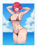  1girl abs alluring athletic_female big_breasts breasts chest_jewel cowboy_shot female_abs fit_female florida_bikini high_res looking_at_viewer luchidart milf navel nintendo orange_eyes pyra red_hair short_hair smile swept_bangs tiara xenoblade_(series) xenoblade_chronicles_2 