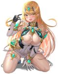 1girl absurd_res alluring bare_legs bare_shoulders big_breasts blonde_hair blush boots cleavage core_crystal dress dripping elbow_gloves female_only high_res hourglass_figure kneel long_hair monolith_soft mythra nintendo on_knees popsicle sssemiii sweat sweat_on_breasts sweatdrop thick_thighs thighs tongue very_long_hair voluptuous white_boots white_gloves wide_hips xenoblade_(series) xenoblade_chronicles_2 yellow_eyes