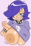  1girl 1girl big_breasts big_breasts blue_eyes breasts bust_portrait casual dream-cassette flashing grin hair_over_one_eye hi_hi_puffy_amiyumi hoshime huge_breasts human inverted_nipples looking_at_viewer neckwear nipples one_breast_out pale_skin purple_hair spiked_bracelet spiked_collar studded_choker wristwear yumi_yoshimura 