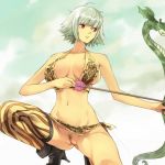 1girl alternate_hair_color amazon arrow ass asymmetrical_clothes asymmetrical_clothing bikini boots bow_(weapon) breasts hair kneeling marguerite mosha navel nipples no_panties one_piece one_thighhigh pubic_hair pussy red_eyes short_hair silver_hair single_thighhigh snake solo swimsuit thighhighs uncensored weapon white_hair