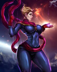 1girl 1girl 1girl big_breasts blonde_hair blue_bodysuit blue_eyes captain_marvel carol_danvers female_only flowerxl gloves light-skinned_female looking_at_viewer makeup marvel marvel_comics muscular_female planet red_gloves space