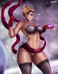 1girl big_breasts blonde_hair blue_eyes bottomless bottomless_female bra captain_marvel carol_danvers female_focus female_only flowerxl gloves inviting_to_sex light-skinned_female looking_at_viewer makeup marvel marvel_comics muscular_female naked_gloves no_panties no_underwear planet pussy red_gloves space stockings