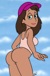 1girl ass baseball_cap bottomless_female brave_little_toaster brown_hair chris_mcgroarty clothed dark-skinned_female from_behind green_eyes pussy solo_female tank_top
