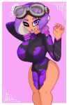 1girl 1girl 1girl big_breasts breasts curly_hair dress fromariels goggles goggles_on_head looking_at_viewer matching_hair/eyes nintendo no_panties no_panties_under_dress one_eye_closed open_mouth purple_dress purple_eyes purple_hair retro_(octoling) splatoon_(series) splatoon_3 tentacle_hair thick_thighs thighs