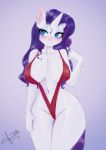 1girl 2020 anthro big_breasts blue_eyes blush breasts friendship_is_magic horn mrscurlystyles my_little_pony purple_hair rarity sling_bikini smile swimsuit unicorn wide_hips