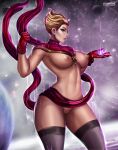 1girl big_breasts blonde_hair blue_eyes captain_marvel carol_danvers female_focus female_only flowerxl gloves light-skinned_female looking_at_viewer makeup marvel marvel_comics muscular_female naked_gloves nipples nude planet pussy red_gloves space stockings