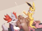 1girl aroused barefoot blush blush breasts chastity_cage chastity_device cock_cage cum cum_on_face delphox drooling electric_shock electricity electrostimulation facesitting female_rimming_male furry hands_tied hands_tied_behind_back heart hearts jolteon lopunny male male/female male/male male_facesitting_male moaning moaning_in_pleasure nipples on_bed overstimulated overstimulation paw_pads paws ricky18931125 ricky945 sweating threesome