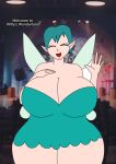  1girl arm_up asmartboy background band big_breasts big_thighs blue_hair breasts comic digital_drawing digital_drawing_(artwork) drawing dress ears elf_ears eyes_closed fairy fanart female hand_on_breast hand_on_chest hand_up huge_breasts human human_female light_skin looking_at_viewer siren_sara stage talking_to_viewer text text_focus thighs willys_wonderland wings 