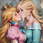 2_girls aqua_dress arm_at_side bangs bare_shoulders blonde_female blonde_hair blue_brooch blue_earrings blush bopitphy bopitphy_(artist) breast_press breasts brooch closed_eyes collarbone couple crown duo earrings elbow_gloves eyeshadow female/female female_only gloves gold_crown gold_earrings gold_jewelry grey_eyeshadow height_difference jewelry kissing lips lipstick long_hair long_sleeves love makeup mario_(series) medium_breasts multiple_girls mutual_yuri neck nintendo off-shoulder_dress off_shoulder pink_dress pink_eyeshadow pink_lipstick princess princess_peach puffy_short_sleeves puffy_sleeves romantic romantic_couple rosalina rosalina_(mario) short_sleeves silver_crown silver_jewelry star_earrings straight_hair streaked_hair super_mario_bros. swept_bangs symmetrical_docking upper_body white_gloves yellow_brooch yuri