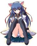  1girl animal_ears black_legwear black_thighhighs blue_hair blue_panties boots broccoli_(company) cat_ears chitose_karasumaru cum cum_on_body cum_on_lower_body dress fake_animal_ears galaxy_angel jpeg_artifacts karasuma_chitose panchira_sit panties pantyshot pantyshot_(sitting) pantyshot_sitting ribbon shinshin sitting solo striped striped_panties thighhighs underwear 