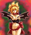  1girl bat_wings blonde_hair breast_squeeze breasts covering cowboy_shot crossed_arms demon demon_girl disgaea disgaea_2 hisahiko large_breasts makai_senki_disgaea_2 navel nippon_ichi nude nude_cover pointy_ears red_eyes ribbon rozalin solo standing valalpla wings 