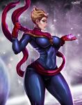 1girl big_breasts blonde_hair blue_bodysuit blue_eyes captain_marvel carol_danvers female female_only flowerxl gloves light-skinned_female looking_at_viewer makeup marvel marvel_comics muscular_female planet red_gloves solo space