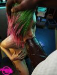 1boy 1girl 1girls 3d 4th_rate :>= blowjob_face bob_cut brown_eyes cd_projekt_red cyberpunk_2077 dark-skinned_female dark-skinned_male dark_skin deep_blowjob deepthroat dyed_hair eye_contact fellatio fellatio female_focus gigantic_penis green_hair head_grab horse_lips huge_cock interracial judy_alvarez kneel male multicolored_hair oral penis petite punk punk_girl purple_hair sex shaved_side tagme tattoo tight_throat