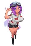 1girl 1girl 1girl big_breasts black_shorts breasts curly_hair goggles goggles_on_head matching_hair/eyes nintendo purple_eyes purple_hair retro_(octoling) short_sleeves shorts simple_background splatoon_(series) splatoon_3 togetoge v white_background