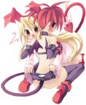  demon_girl disgaea elbow_gloves etna flonne flonne_(fallen_angel) gloves hair_ribbon long_hair makai_senki_disgaea nippon_ichi no_panties red_eyes red_hair ribbon sazaki_ichiri skirt skirt_lift tail thighhighs twintails white_background wings 