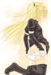 ass black_cat_(series) black_legwear blonde_hair blush eve_(black_cat) kneeling mita_kazuo panties panty_pull thighhighs underwear white_panties