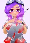 1girl big_breasts breasts button_gap curly_hair goggles goggles_on_head looking_at_viewer miiinatochanowo nintendo octoling octoling_girl purple_hair retro_(octoling) splatoon splatoon_3 tentacle_hair