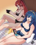 1girl 2_girls alluring anger_vein annoyed bare_legs black_panties blue_eyes blue_hair blue_panties chips_(food) cleavage female_only fire_emblem fire_emblem_awakening fire_emblem_warriors hair_between_eyes intelligent_systems lay's lingerie looking_at_viewer lucina lucina_(fire_emblem) medium_breasts multiple_females multiple_girls nintendo nintendo_switch nudiedoodles on_bed open_mouth open_smile panties playing_videogame red_eyes red_hair severa_(fire_emblem) small_breasts smile super_smash_bros. super_smash_bros._ultimate thick_thighs tiara twin_tails