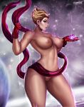 1girl big_breasts blonde_hair blue_eyes captain_marvel carol_danvers female_focus female_only flowerxl gloves horny inviting_to_sex light-skinned_female looking_at_viewer makeup marvel marvel_comics muscular_female naked_gloves nipples nude nude planet pussy red_gloves space