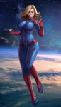 1girl blonde_hair blue_bodysuit bodysuit boots breasts brown_eyes captain_marvel carol_danvers female_only flowerxl front_view full_body gloves heroine light-skinned_female long_hair looking_at_viewer marvel marvel_comics red_gloves space superheroine thick_thighs