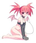  1girl barefoot bat_wings bottomless collarbone disgaea disgaea_1 etna full_body groin jitome looking_at_viewer makai_senki_disgaea midriff navel red_eyes red_hair seiza seo_tatsuya short_hair simple_background sitting solo stomach twintails white_background wings 