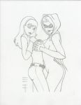  2girls breast_grab breasts cassie_sandsmark dc dc_comics domino_mask female female_only grabbing_breasts heather_martin hood long_hair mask mia_dearden monochrome multiple_girls shirt_lift shirt_up speedy teen_titans wonder_girl yuri 