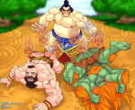 3boys angry ass black_hair blanka blush capcom clawed_feet defeated discipline edmond_honda embarrassed enm feet green_skin handprint_on_ass human im_hasarath male male_feet male_only muscular muscular_male orange_hair ripped_clothing spanking street_fighter submission zangief