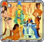 3girls ass auren_yomm auren_yomm_baobab bottomless breasts c-3po cape dark-skinned_female garrbatch-man jessica_meade kea_moll lando_calrissian_(cosplay) light-skinned_female multiple_girls nipples nude_female pimp r2-d2 robot star_wars star_wars:_droids topless topless_female