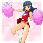 1girl :d arm arms art babe bare_arms bare_legs bare_shoulders blue_eyes blue_hair blush bottomless cheerleader cheerleader_outfit cheerleader_uniform clothed cryptobiosis dawn_(pokemon) female female_human female_only hair_ornament hairless_pussy hikari_(pokemon) human humans_of_pokemon legs long_hair looking_at_viewer nintendo no_panties open_mouth pokemon pokemon_(anime) pokemon_dppt pom_poms pussy shoes skirt_lift sleeveless socks solo spread_legs standing upskirt