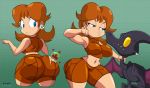 1girl alternate_costume ass bare_arms big_ass blue_eyes brown_hair clothed cosplay earrings female flower_earrings impossible_clothes metroid multiple_views nintendo princess_daisy purple_yoshi_draws ridley samus_aran short_hair super_mario_bros.