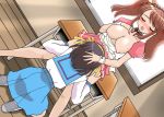  2_girls asahina_mikuru big_breasts blush breasts classroom closed_eyes collar dutch_angle hair hand_on_another&#039;s_head hand_on_breast hand_on_head haruhi_suzumiya headpat kneeling long_hair maid mikuru_asahina multiple_girls nipples on_desk open_clothes open_shirt oral petting pussylicking role_reversal school_uniform serafuku shirt short_hair sitting skirt skirt_lift spread_legs suzumiya_haruhi suzumiya_haruhi_no_yuuutsu the_melancholy_of_haruhi_suzumiya uniform yuri 