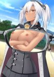  breast_hold breasts high_resolution kanden_suki kantai_collection megane musashi_(kantai_collection) nipples no_bra uncensored uniform 