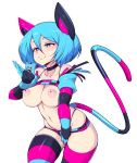 1girl animal_ears big_breasts blue_eyes blue_hair breasts closed_mouth elbow_gloves eyebrows_visible_through_hair gloves hair_between_eyes heterochromia high_resolution nipple_piercing nipples original piercing red_eyes short_hair short_shorts shorts simple_background slugbox smile stockings striped striped_gloves striped_legwear striped_shorts striped_tail tail vomi_agogo wavy_mouth white_background