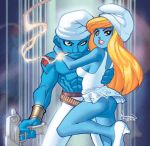  ass blonde_hair blue_skin bottomless from_behind hefty_smurf no_panties red_hair ryan_kinnaird_(artist) smurfette the_smurfs uncensored upskirt 