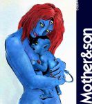 1boy 1girl 2003 blue_skin female forehead_jewel kurt_wagner male marvel marvel_comics mother_and_son mutant mystique nightcrawler pat pointy_ears raven_darkholme red_hair smile superhero supervillain x-men yellow_eyes